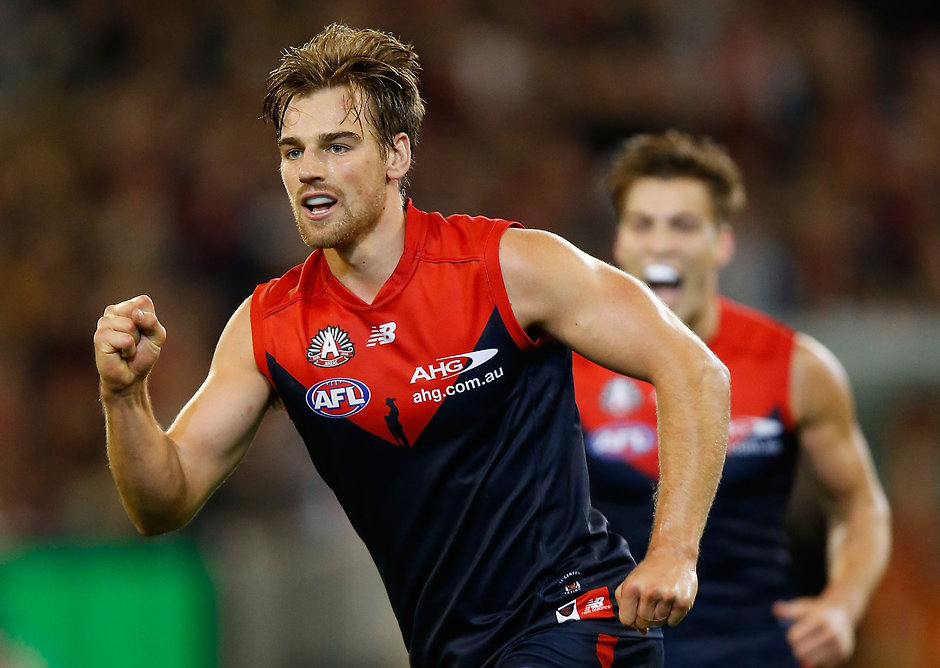 AFL 2016 Rd 05 - Melbourne v Richmond MELBOURNE, AUSTRALIA - APRIL 24: Dom Tyson of the Demons celebrates a goal during the 2016 AFL Round 05 match between the Melbourne Demons and the Richmond Tigers at the Melbourne Cricket Ground, Melbourne on April 24, 2016. (Photo by Michael Willson/AFL Media)